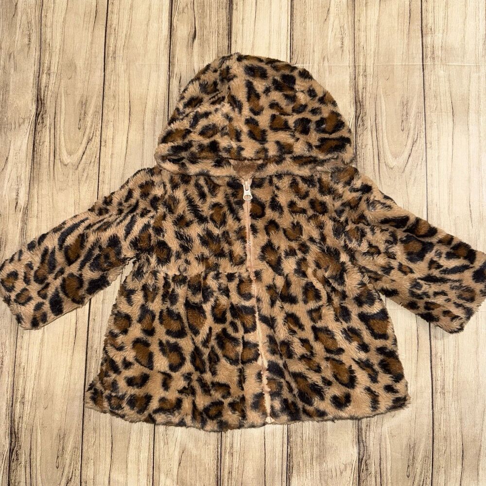 AMERICAN WIDGEON Girl 18 M Hooded Faux Fur Leopard Print Zip Fit & Flare Coat